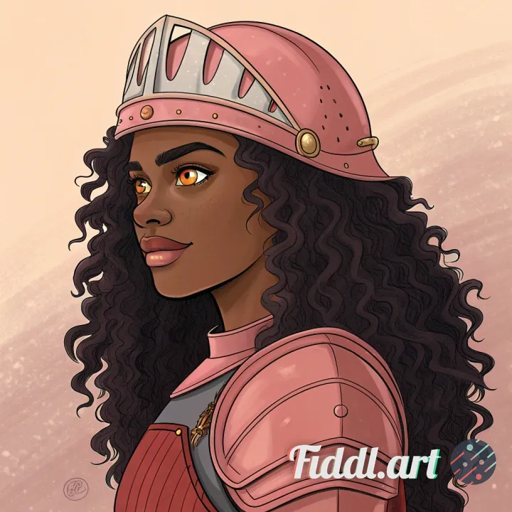 African American, woman, dark brown skin. has long black curly coiled hair, reaches her back. golden