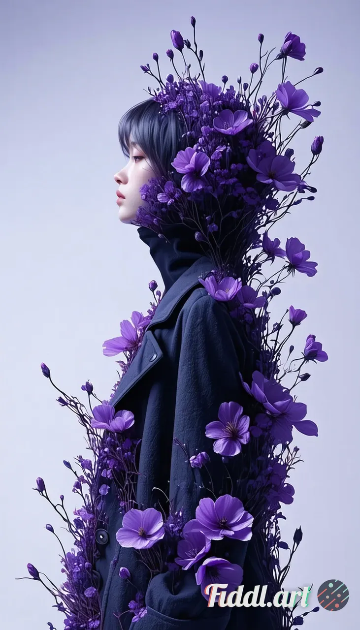 Low angle surreal conceptual portrait of a female figure entirely made of lush purple flowers and bl