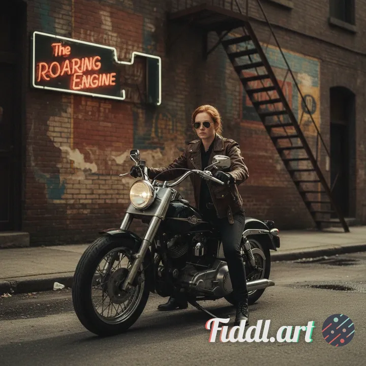 A stoic red-haired woman with freckles and a determined expression, wearing a vintage leather jacket