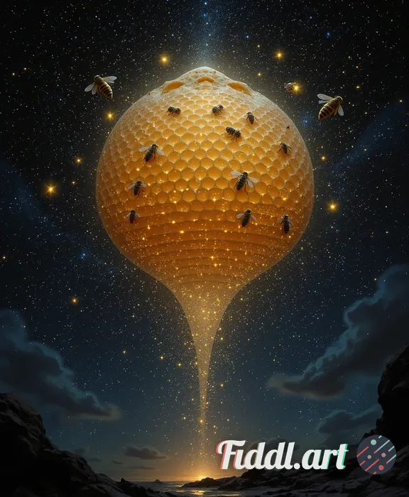 A hyper-detailed, intricate, celestial beehive elegantly floating amidst the vastness of space, surr