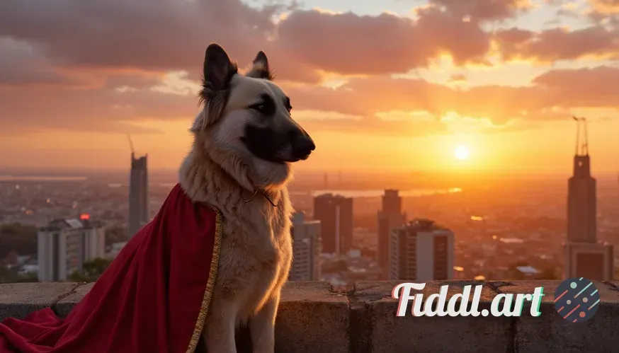 Ultra‑realistic portrait of a heroic dog standing on a skyscraper rooftop at sunset, wearing a flowi
