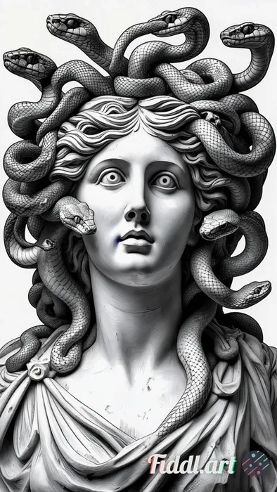 Portrait of Medusa from the bust up. Her expression is one of innocent curiosity, but each snake in 