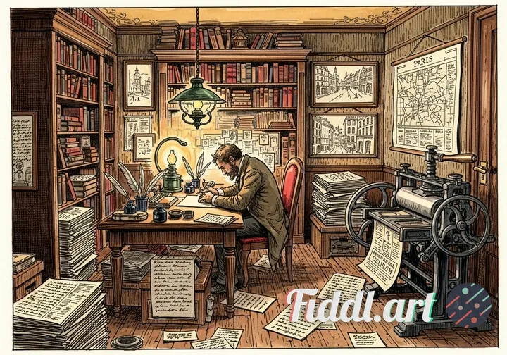 Crea un'illustrazione di ambientazione interna: una redazione parigina di fine '800, gestita da una 