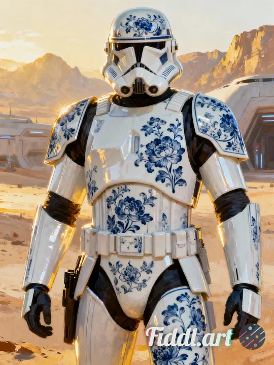 A reimagined Mandalorian warrior standing proudly, adorned with a unique porcelain-inspired suit of 