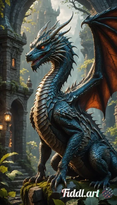 a 3D rendering of a dragon, intricately detailed with scales and wings, in a mystical setting