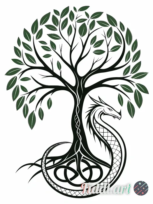 Wingless serpentine dragon forming an ouroboros ring around a sacred Tree of Life; elegant long drag