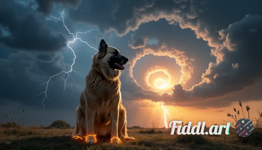 An ultra-realistic depiction of a majestic dog standing confidently in the center of a swirling vort