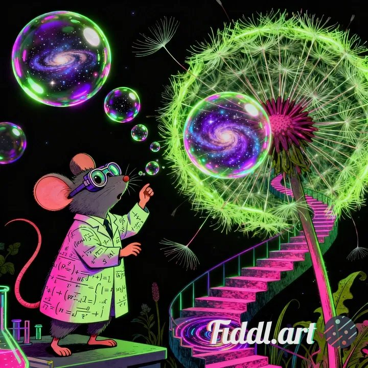 A quantum physicist Mouse wearing miniature safety goggles and a lab coat covered in mathematical eq