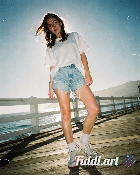 A low-angle, wide-angle analogue photograph of a woman posing playfully on a sunlit pier, against a 