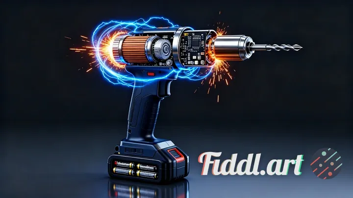 Cinema 4D-style ultra-realistic 3D render, exploded view of a sleek, professional electric screwdriv