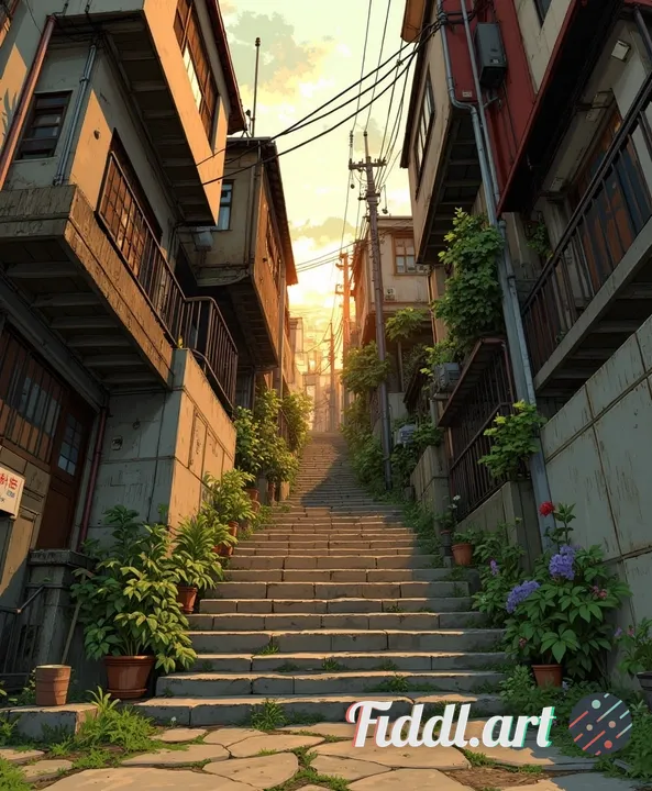 A steep, narrow urban stairway climbs between closely packed residential buildings, rendered in rich