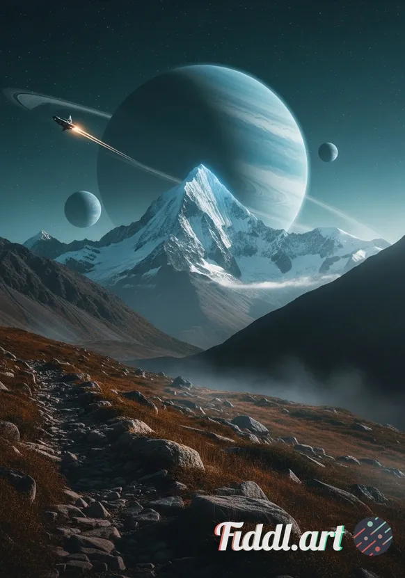 Epic sci-fi mountain vista at night. A jagged, snow-capped peak rises in the center of frame, flanke