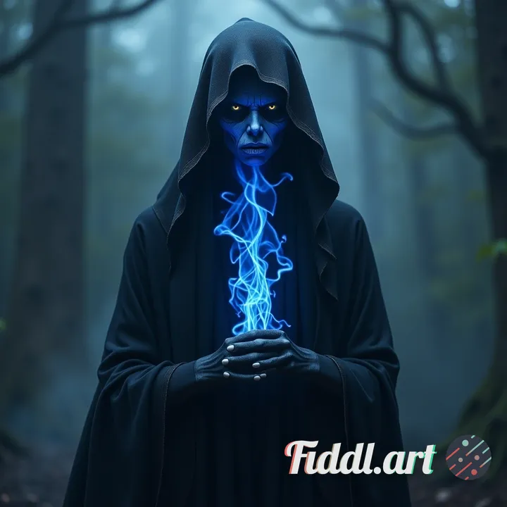 a dark fantasy necromancy spell that looks like a grim banshee made of black and blue energy with a 