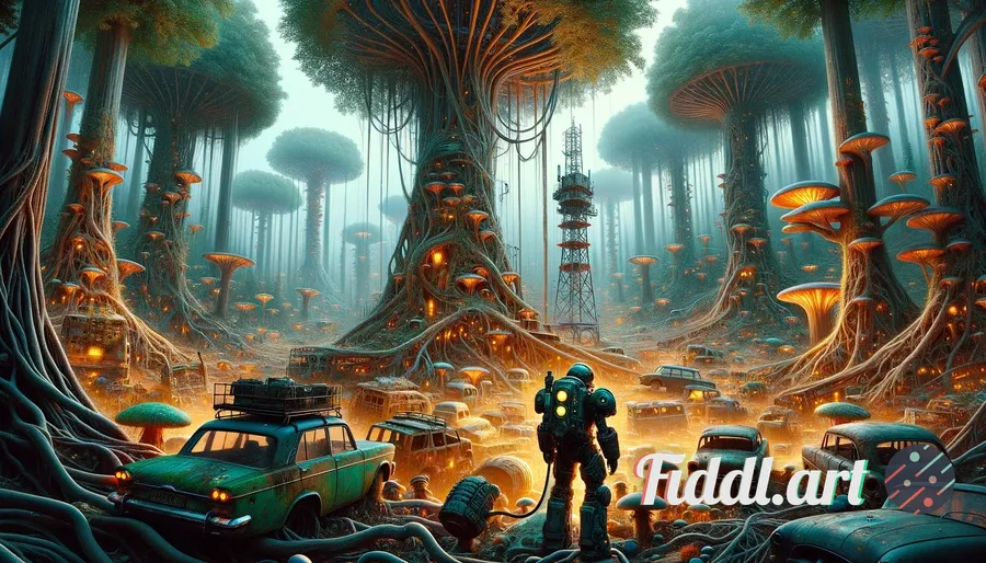 A dense, irradiated forest filled with towering, twisted trees that glow faintly with bioluminescenc