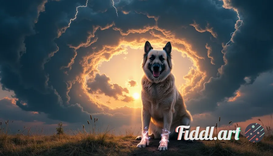 An ultra-realistic depiction of a majestic dog standing confidently in the center of a swirling vort