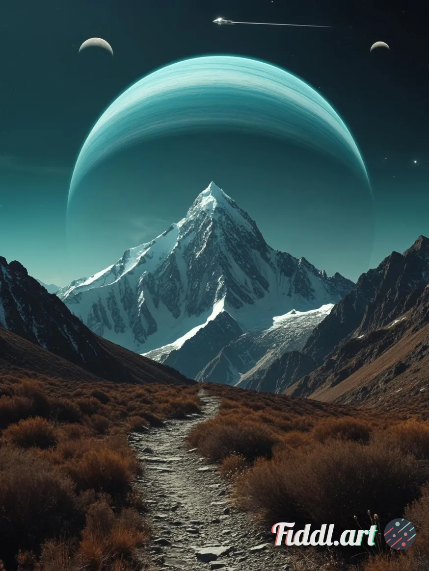Epic sci-fi mountain vista at night. A jagged, snow-capped peak rises in the center of frame, flanke