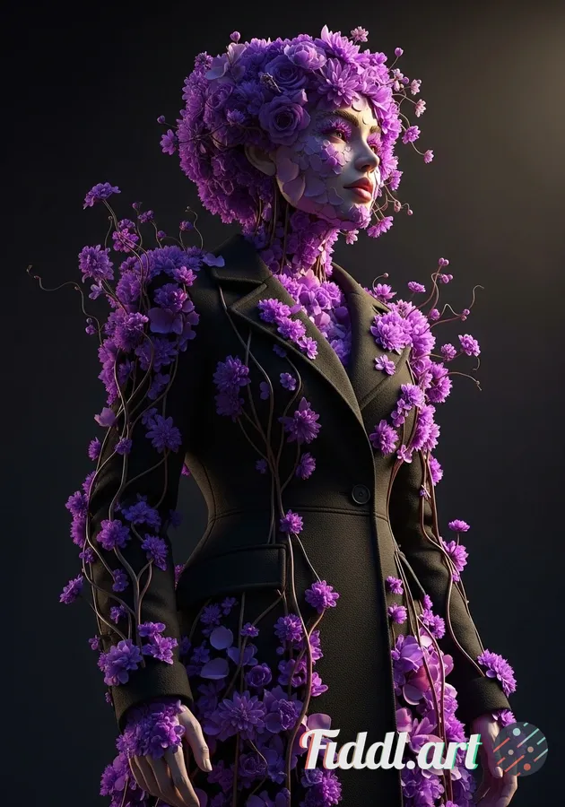 Media Index 0 | Low angle surreal conceptual portrait of a female figure entirely made of lush purple flowers and bl