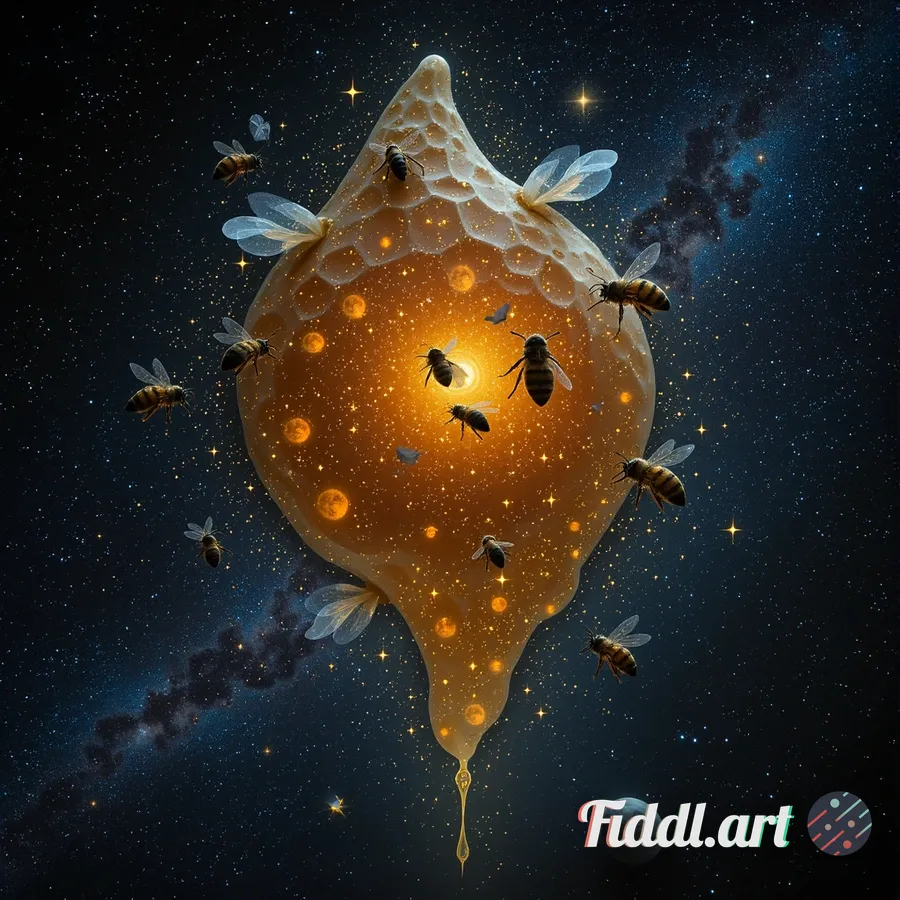 A hyper-detailed, intricate, celestial beehive elegantly floating amidst the vastness of space, surr