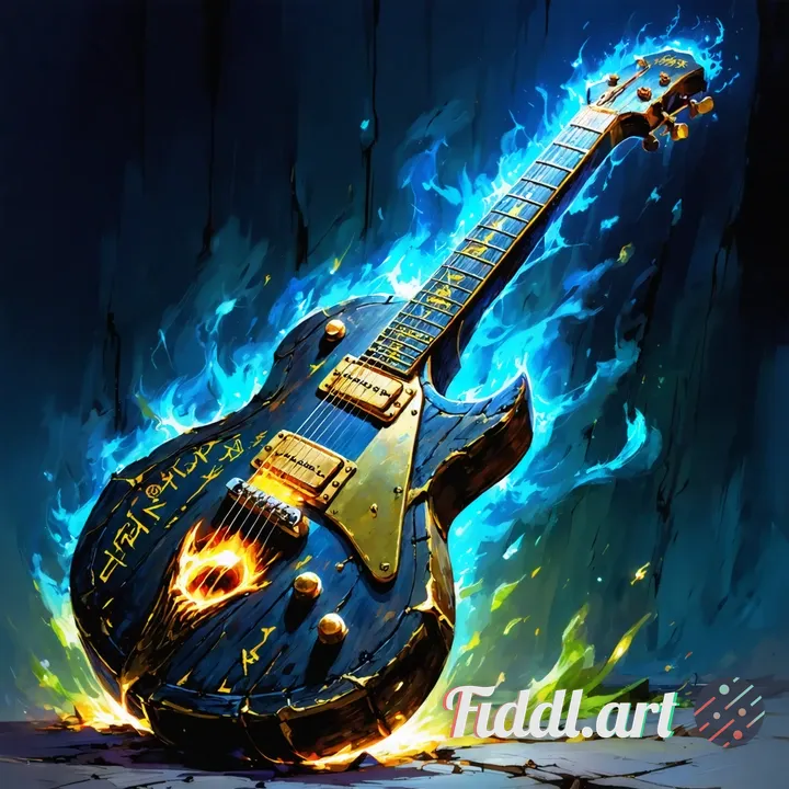Illustration of a magical Screaming Guitar for a HeroQuest-style fantasy item card. A demonic, encha