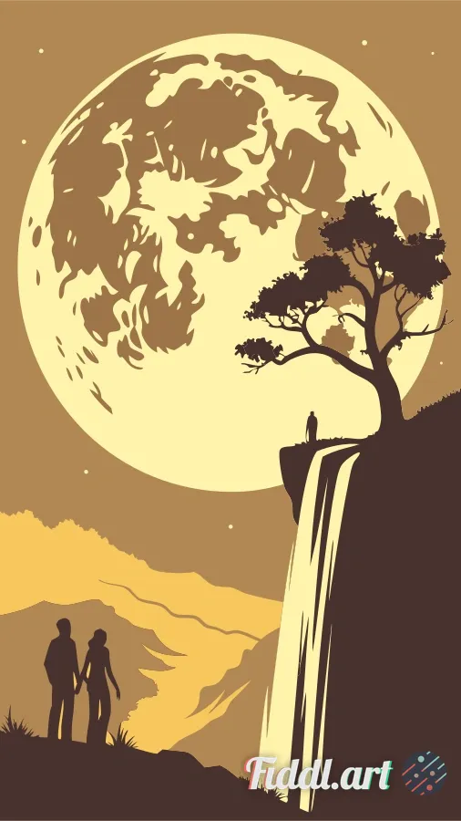 A surreal, cinematic landscape where a **giant glowing full moon** sits on the lip of a high cliff a