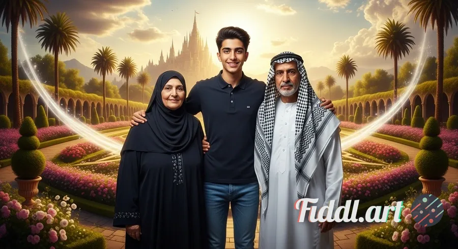 A highly detailed, photorealistic portrait of an Iraqi family composed of elderly grandparents and t