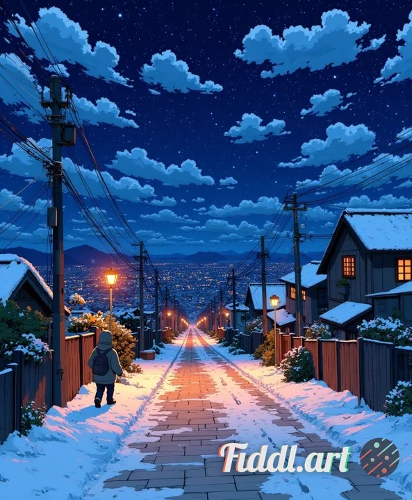 A peaceful residential street on Christmas Eve, rendered in rich CoMix Wave Film detail. Fresh snow 