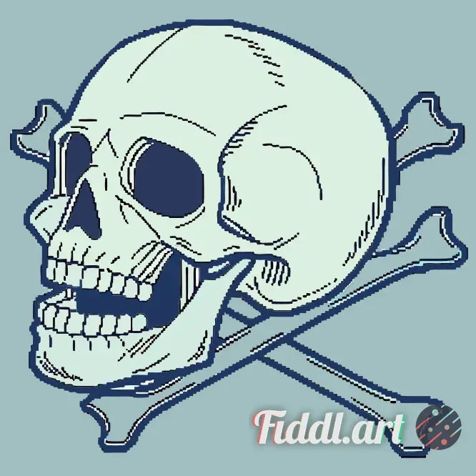 pixel skull of light blue color on a background of dark blue cross bones
