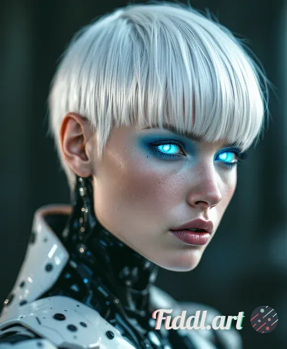 Media Index 0 | robot, white short hair with blue subtones, bangs, freckles, haris nukem, editorial magazine, full b