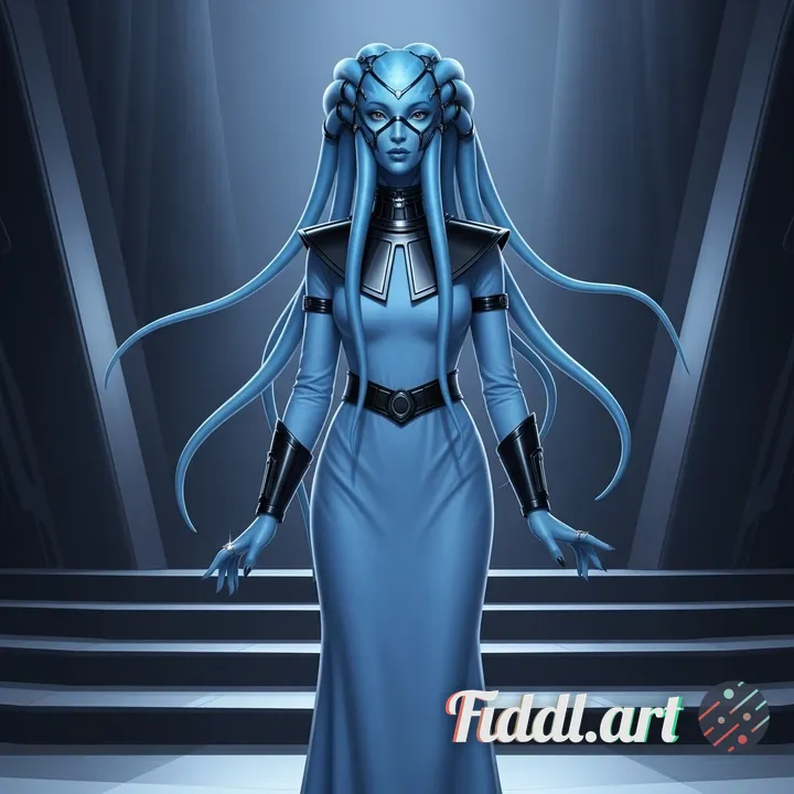Tall, slender blue-skinned alien opera singer on a futuristic stage, with smooth light-blue skin and