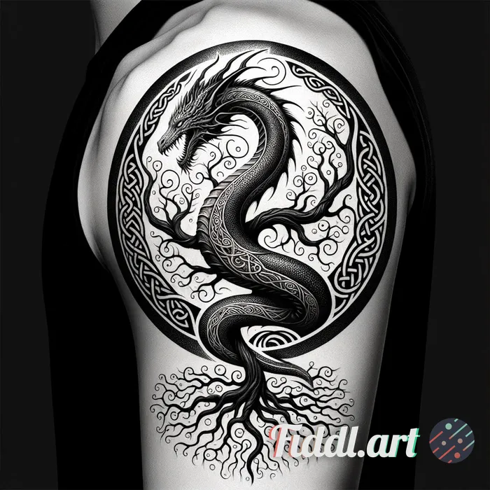 “Upper-arm shoulder-cap cover-up tattoo, circular medallion sized to max 15 cm high (≈13–15 cm diame