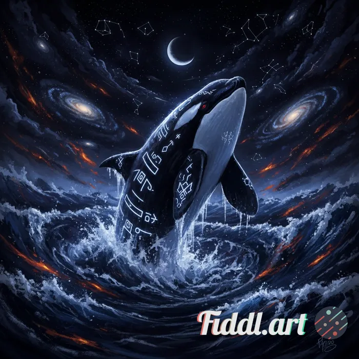 Media Index 0 | A majestic orca breaching from a swirling, cosmic ocean, its body adorned with intricate, glowing ru