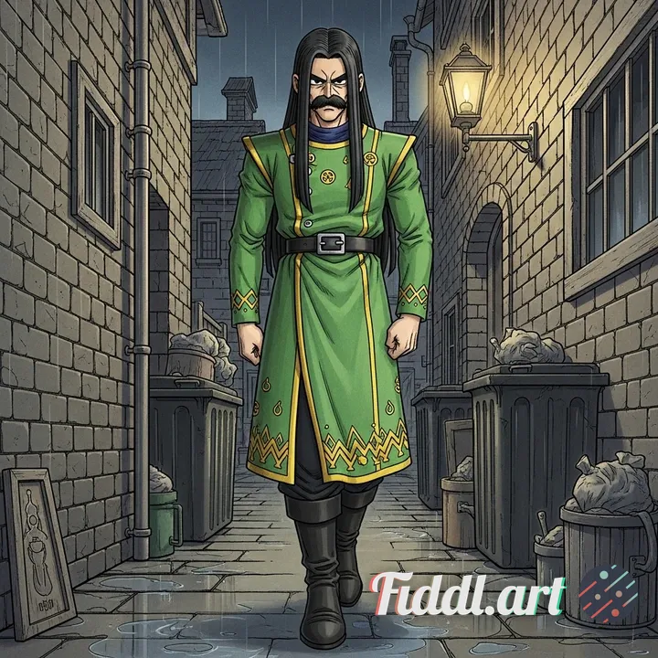 Manga colored image of a very creepy adult man modern-fantasy alchemist with long black hair, thick 