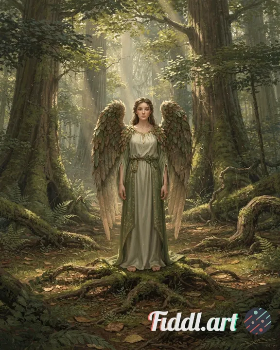 Digital painting, A serene forest guardian angel standing quietly among ancient trees. Soft light fi