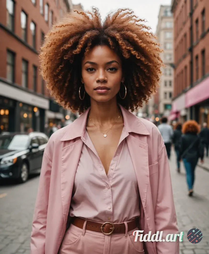 Media Index 0 | medium body shot of brown light skin woman with afro ginger, and pink stylish clothes hair in the ci
