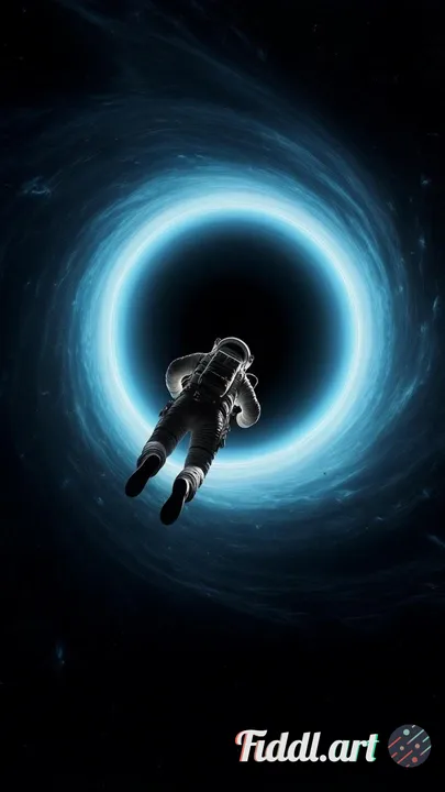 The astronaut is captured from behind, body angled downward as if diving through space toward a lumi
