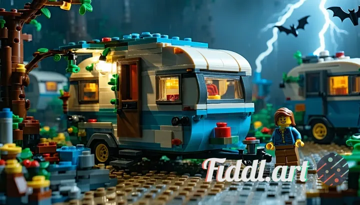 Create a dramatic night-time scene where the caravan model and its two minifigures are perfectly ins