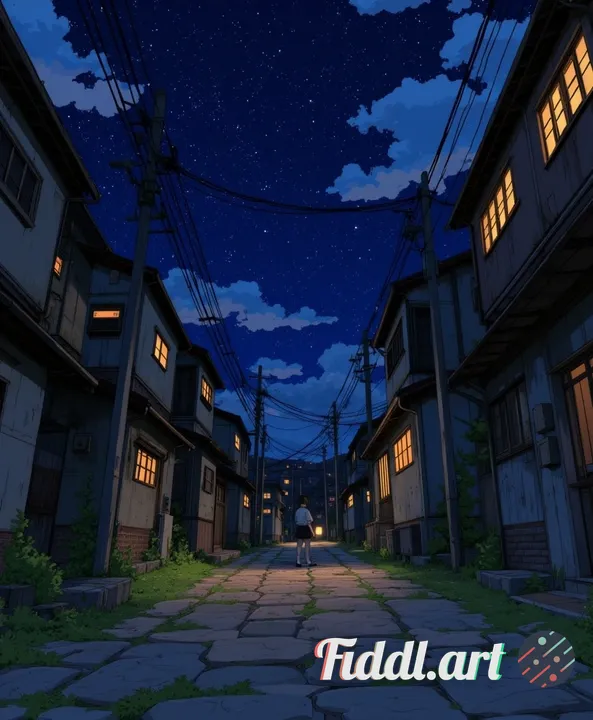 Wide shot of a quiet urban street at night, old worn buildings with peeling paint and warm window li