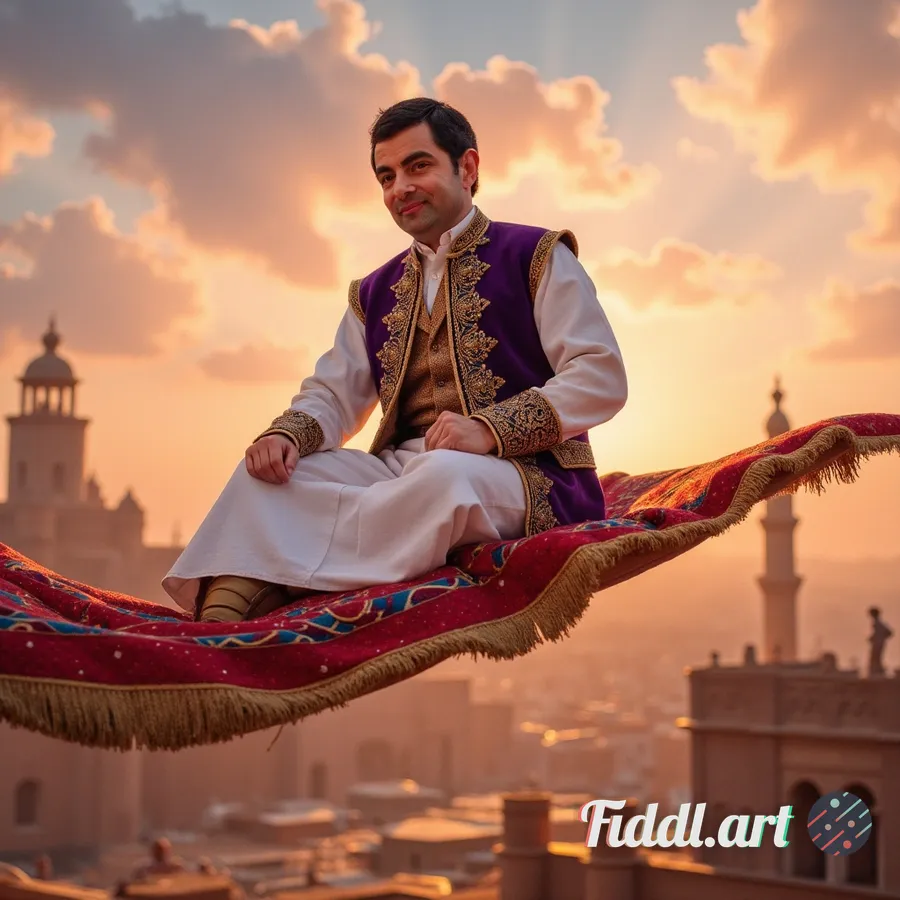 A man dressed as Aladdin, with intricate Middle Eastern attire featuring a rich purple vest, golden 