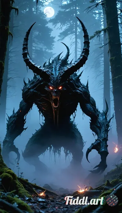 A terrifying monster emerging from the shadows of a desolate, mist-covered forest at twilight, its e