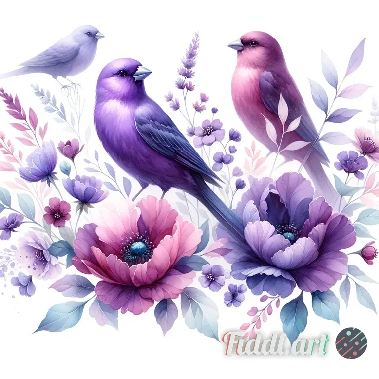 A delicate watercolor painting featuring vibrant purple birds perched gracefully among soft, bloomin