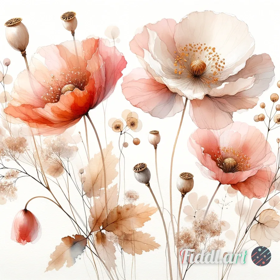 Delicate watercolor painting of blooming poppies or wild roses in soft blush pink and coral tones, t