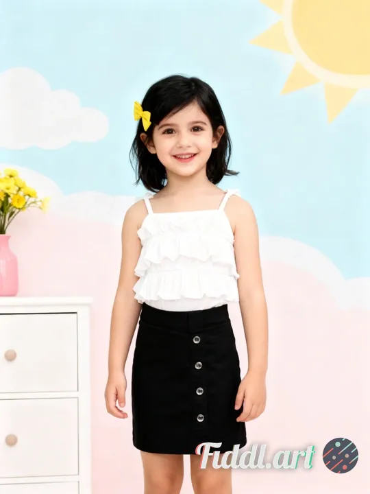 A cheerful indoor scene featuring a full figure of 2-3 years old child standing in a photo studio wi