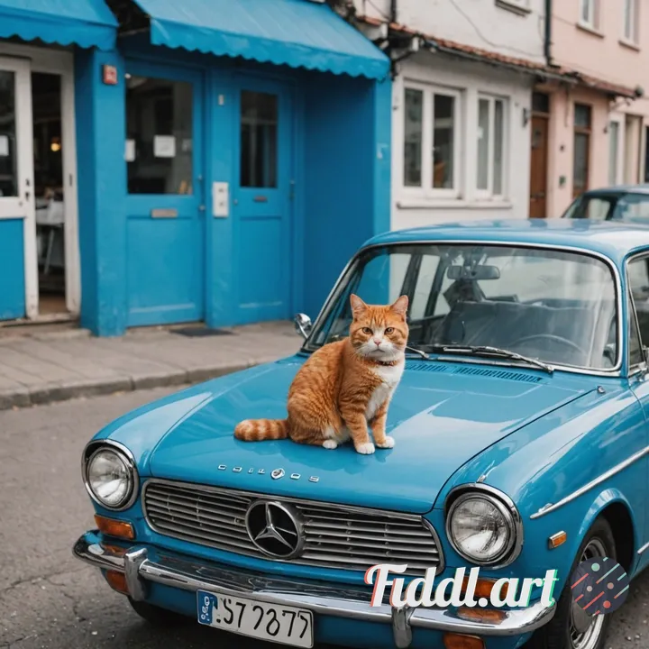a cat sitting on a blue car