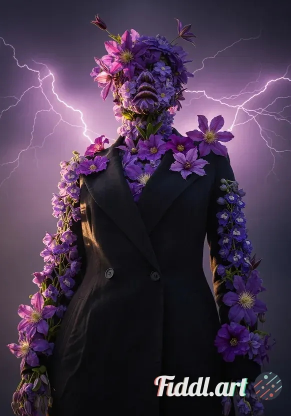 Media Index 0 | Low angle surreal conceptual portrait of a female figure entirely made of lush purple flowers and bl