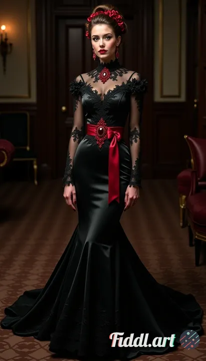 A full-body ultra-realistic portrait of a woman wearing an elegant black Victorian-inspired evening 