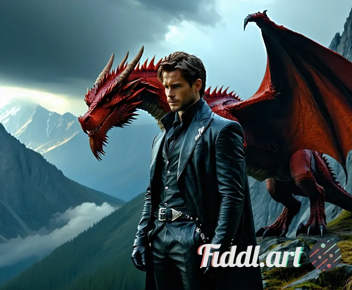 Epic fantasy scene: a brooding hero in tailored black leather with ornate clasps stands defiantly on
