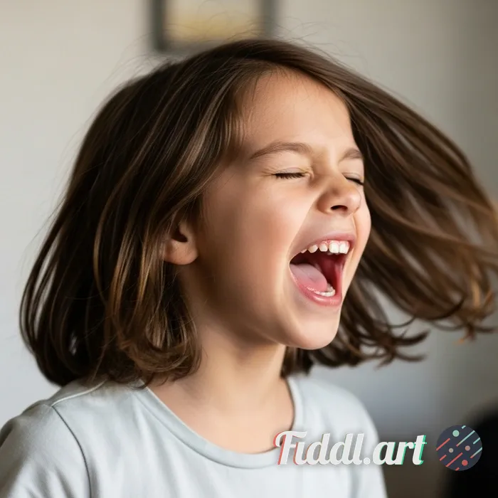 Girl with mouth wide open looks from left to right with eyes closed
