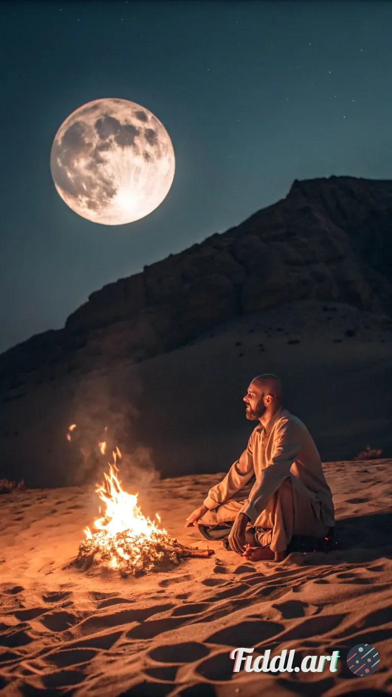 A visionary psychedelic scene set on a desert-like mountaintop beneath a glowing full moon, luminous