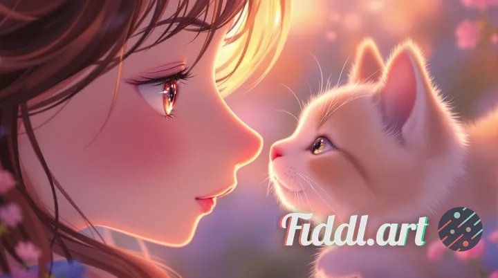 A soft and emotional anime illustration of a girl and a cat gently touching noses, very close-up com