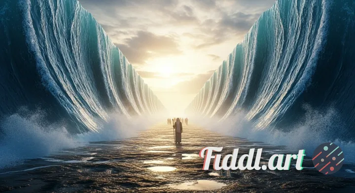 
A hyper-realistic cinematic shot of the Red Sea parting into two colossal walls of water. The camer